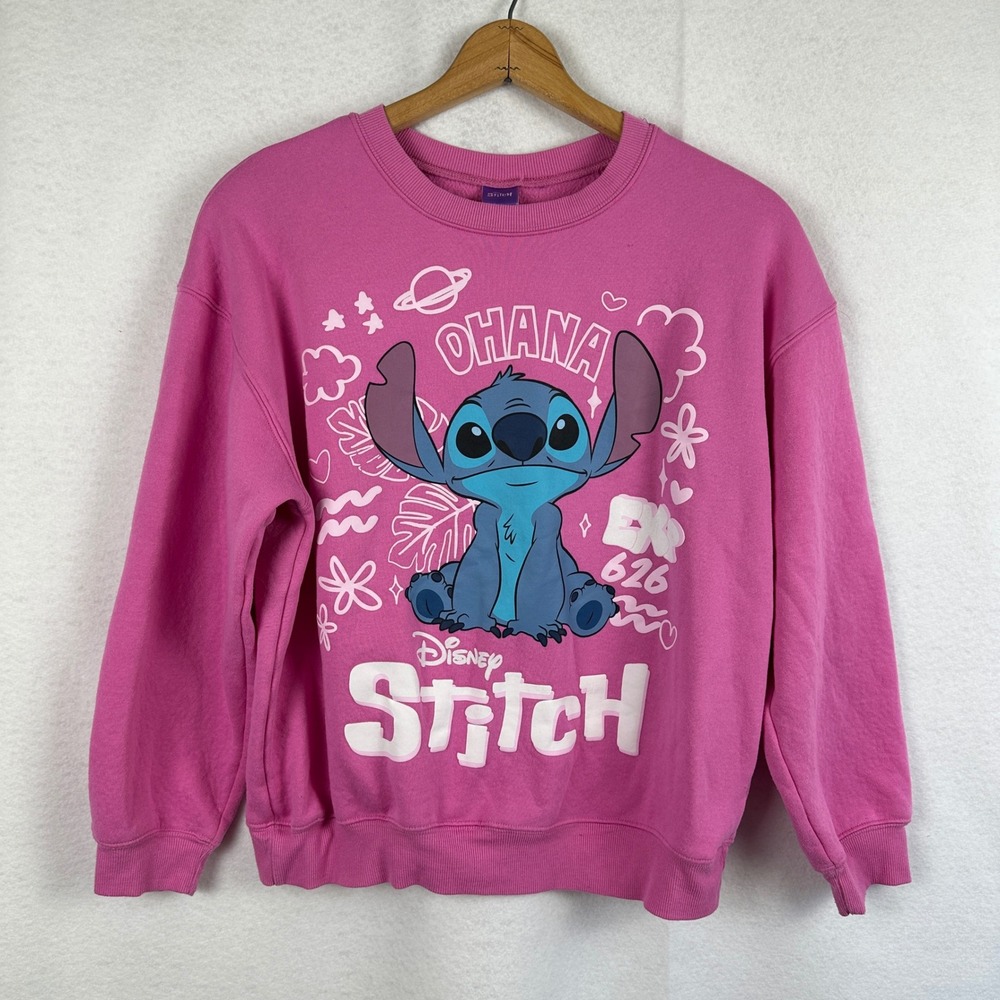 Disney‎ Stitch Ohana Pink Graphic Pullover Sweatshirt Medium Youth Kids - Picture 2 of 9